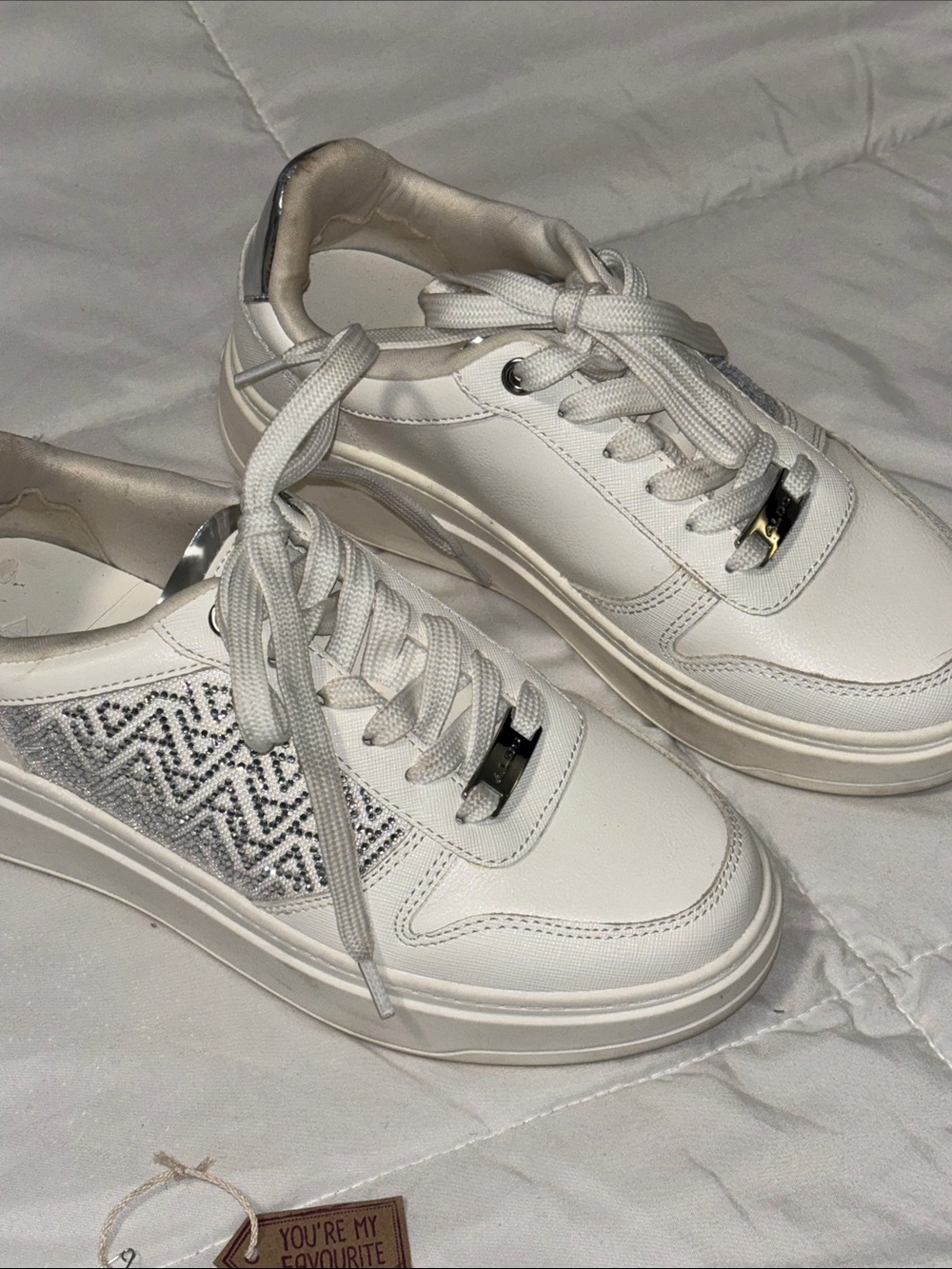 Aldo White Platform Sneakers with Silver Accents rhinestone design